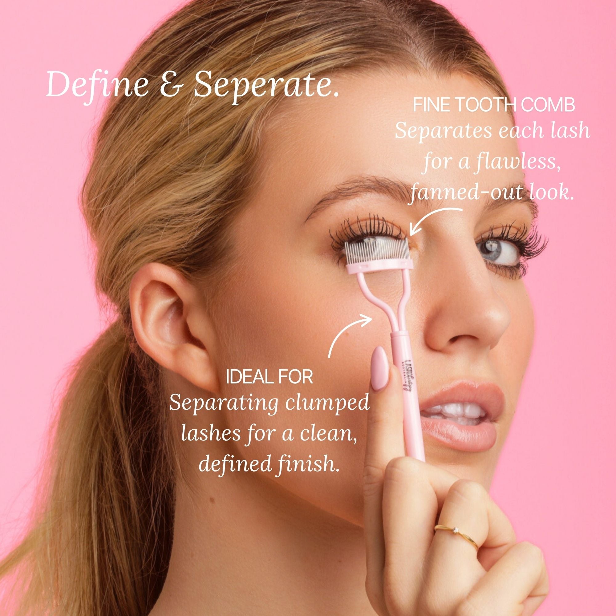 Woman using Lash Therapy Australia lash separator comb to separate and define lashes