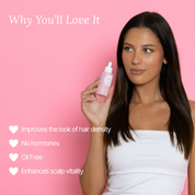 Woman holding a Lash Therapy Autralia Hair Boosting Peptide Serum bottle with text on a pink background