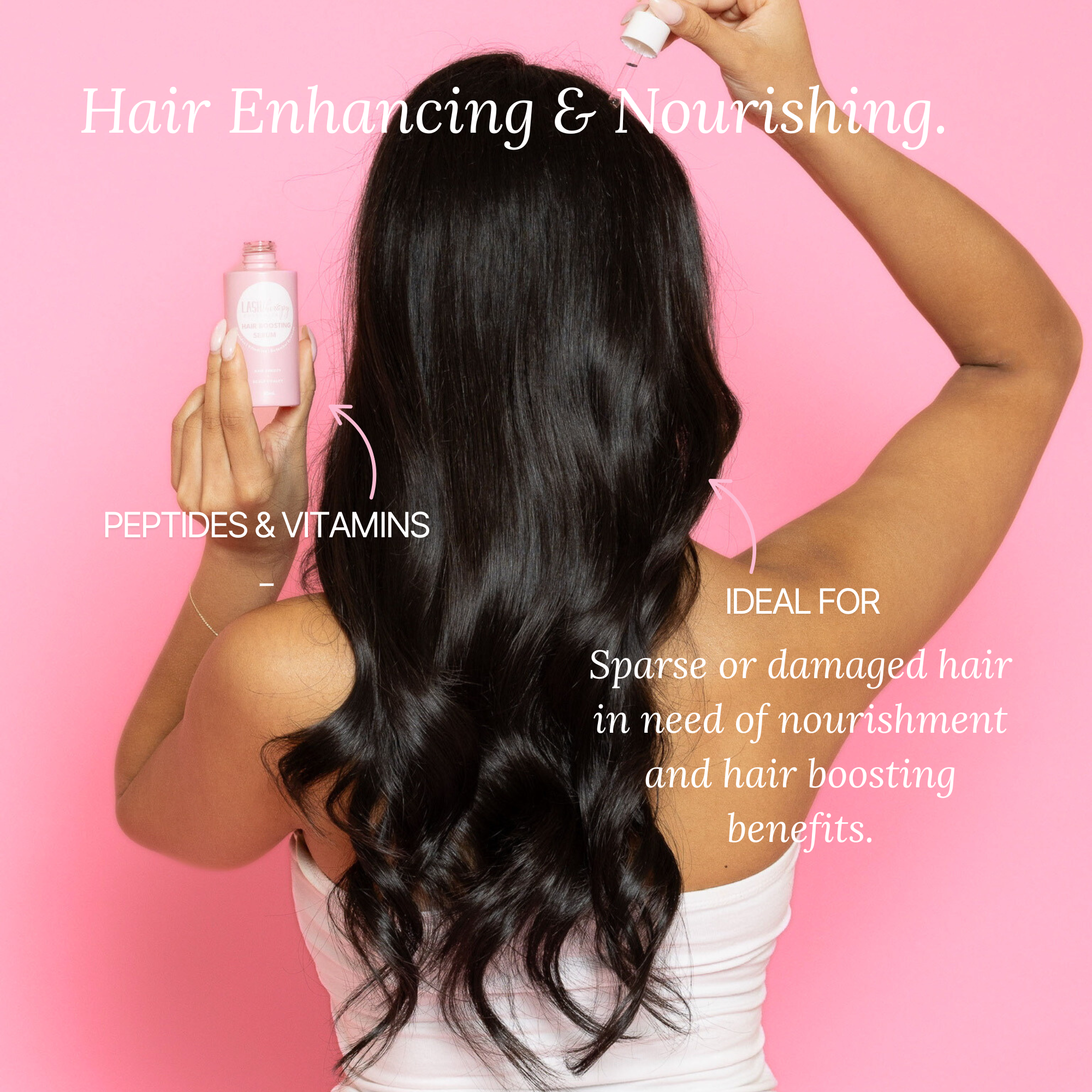 Woman with long, healthy hair holding a Lash Therapy Australia Hair Boosting peptide serum against a pink background