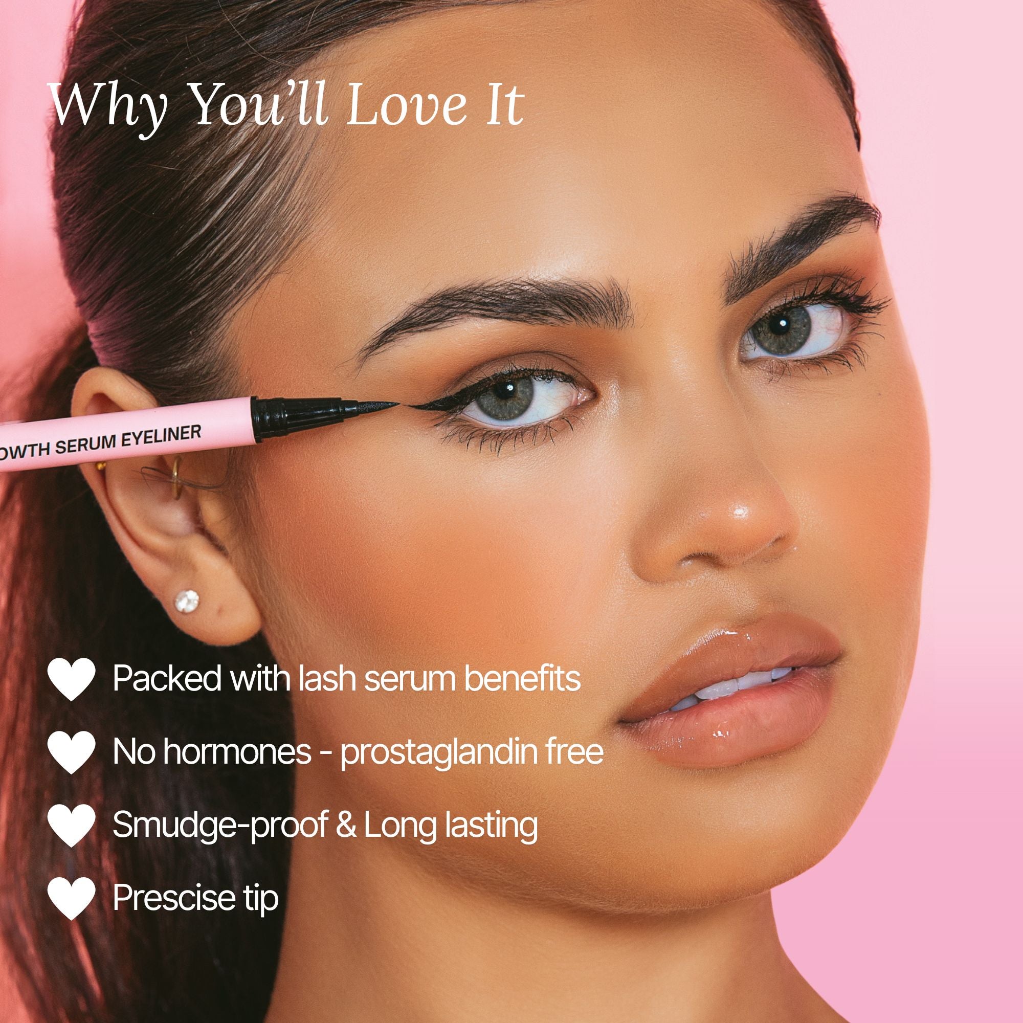 Model applying Lash Therapy Australia Growth Serum Eyeliner with precision tip