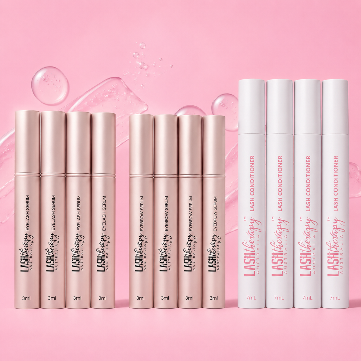 A set of lash extension products on a pink background, including six 3ml eyelash serums in rose gold and six 7ml lash conditioners in white. The brand name 'LASH therapy' is clearly visible on the packaging.