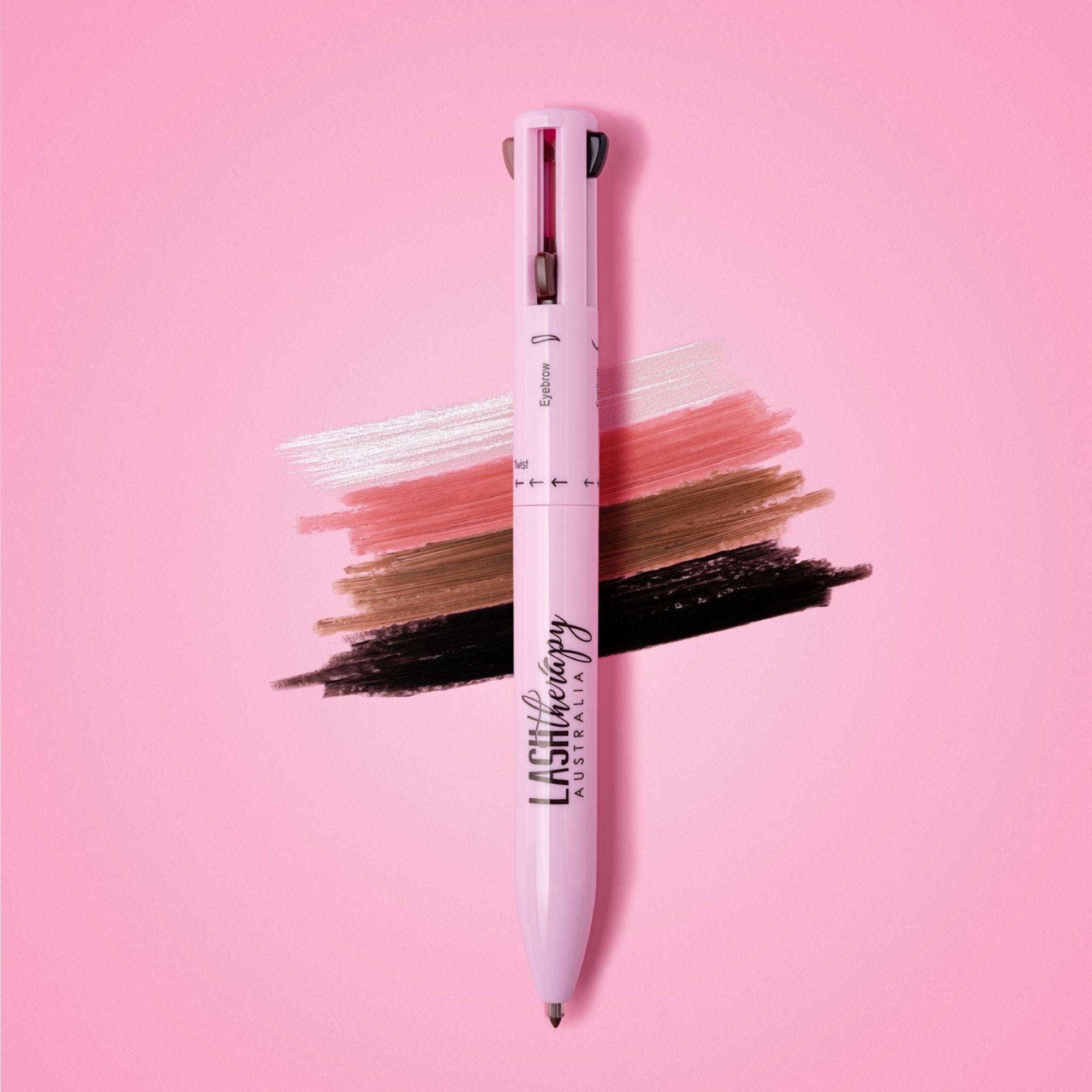 Lash Therapy Australia 4 in 1 make up with multiple shade swatches displayed on pink background for eyebrow, highlighter, lip liner and eyeliner