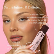 Model holding Lash Therapy Australia Everylash growth serum mascara highlighting the adjustable wand feature