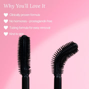 Lash Therapy Australia Everylash serum infused tubing mascara wand showing curved brush and mascara benefits