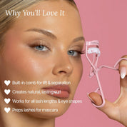 Model holding Lash Therapy Australia eyelash curler showing lifted separated lashes and natural curl