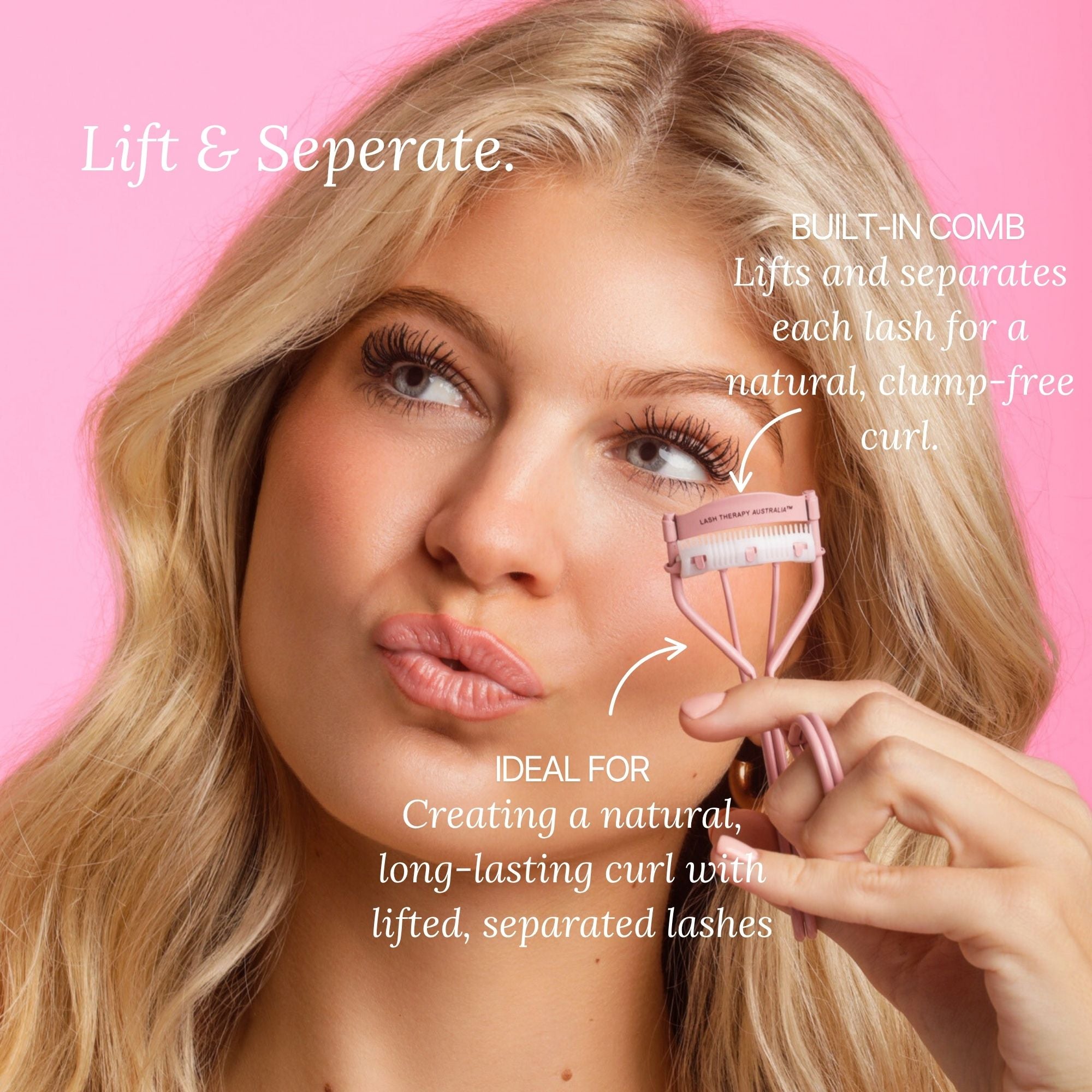 Model using Lash Therapy Australia eyelash curler to lift and separate lashes