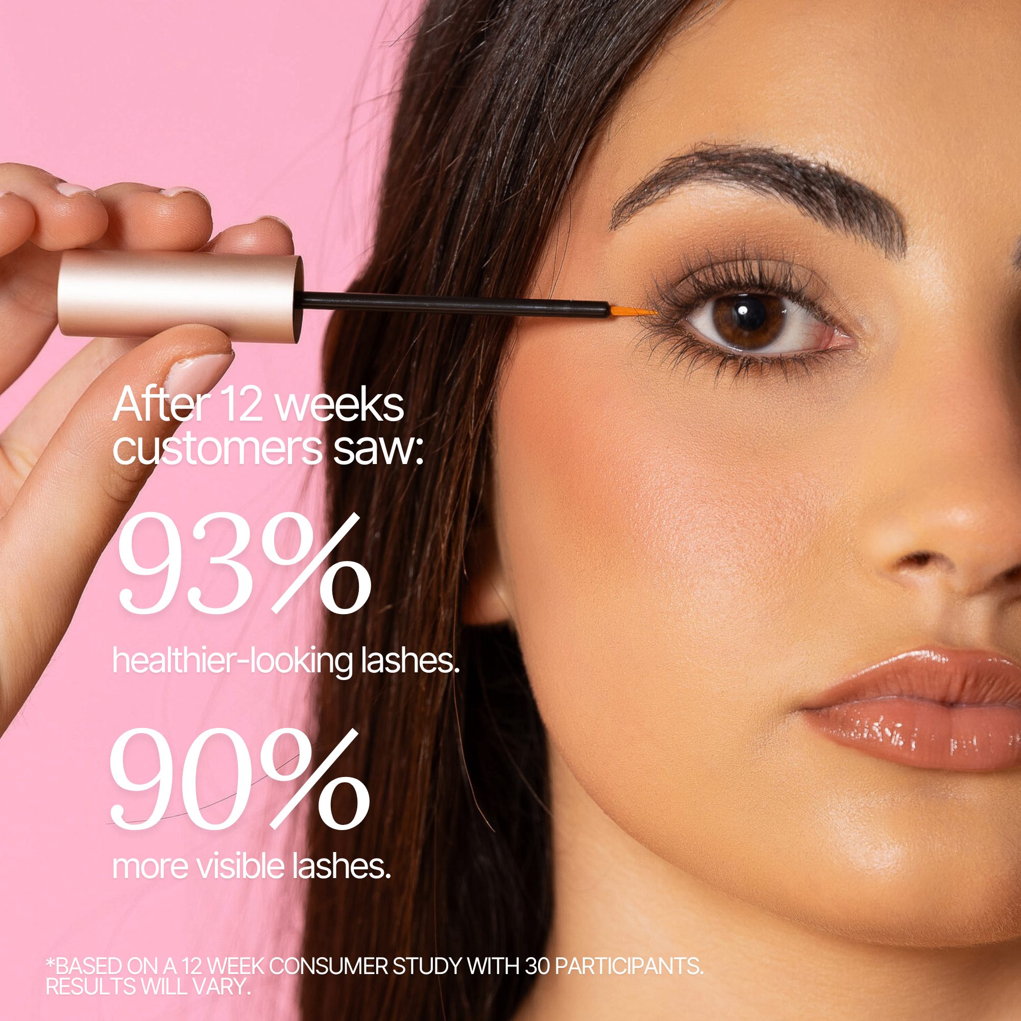 lash therapy australia applying eyelash growth serum with peptides and results of customer seeing 93% healthier looking lashes and 90% more visible looking lashes.