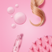 Lash Therapy Australia hair boosting serum with scalp massager and healthy hair strand on pink background.