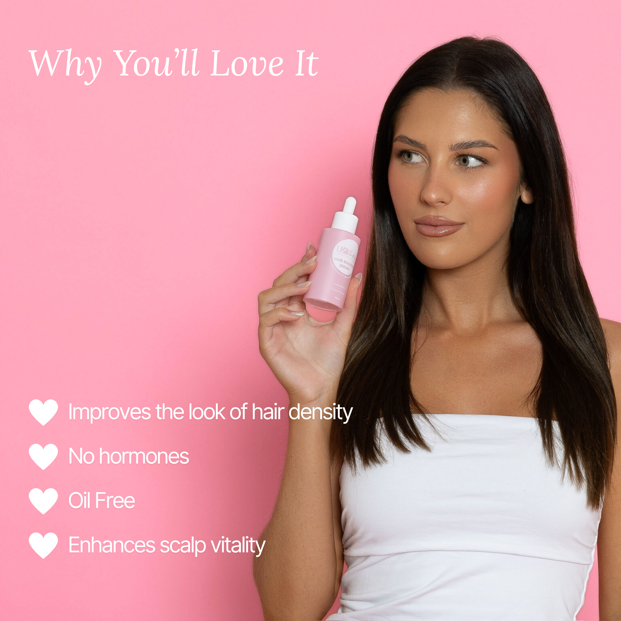 Model holding Lash Therapy Australia hair boosting serum to improve hair density and scalp health